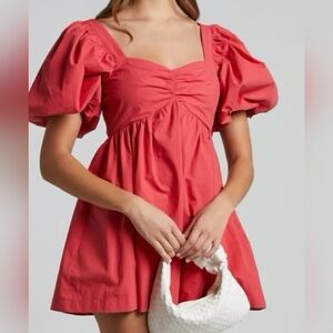 Shopo Coral Sweetheart Neckline Puff Sleeve Mini Dress 100% Cotton Size 4